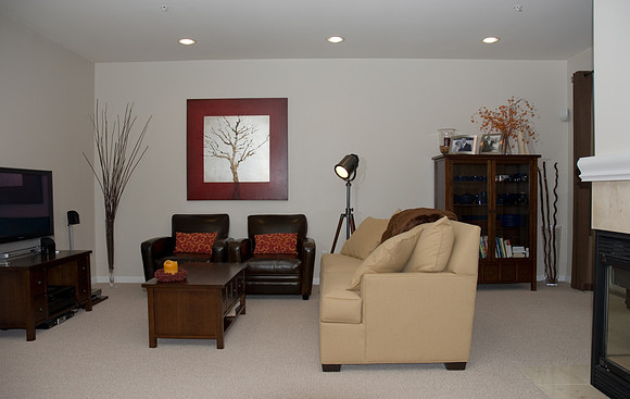 Living: new berber carpet, wired surround sound, 3-sided gas fireplace, dimmable lighting
