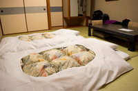 Traditional Japanese bedding at the Shiraoso Hotel - with tea service in the room