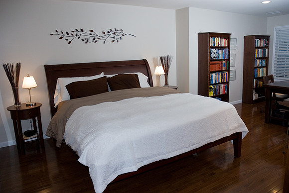 Master: Walnut hardwood floors with office nook, Walk-in his & her closets